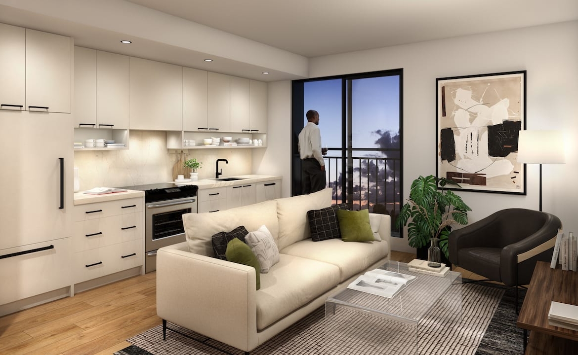 Rendering of Radio Arts Condos suite interior modern kitchen