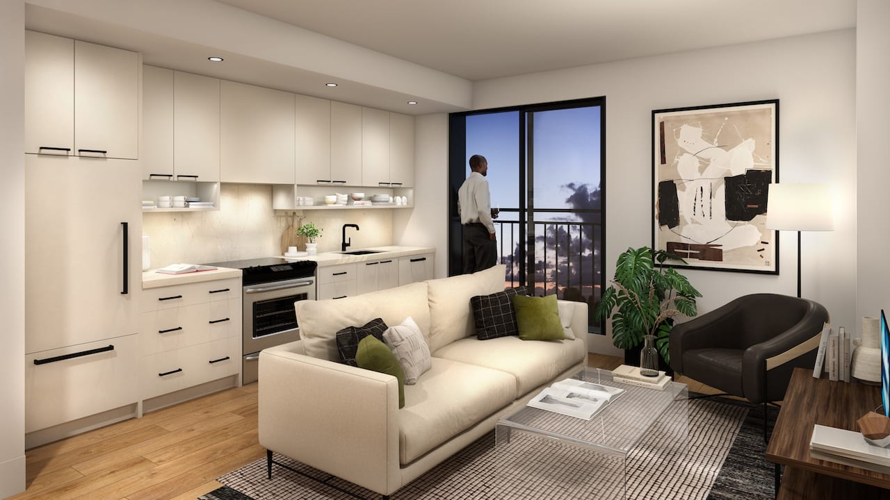 Rendering of Radio Arts Condos suite interior modern kitchen