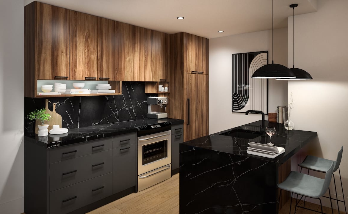 Rendering of Radio Arts Condos suite interior kitchen
