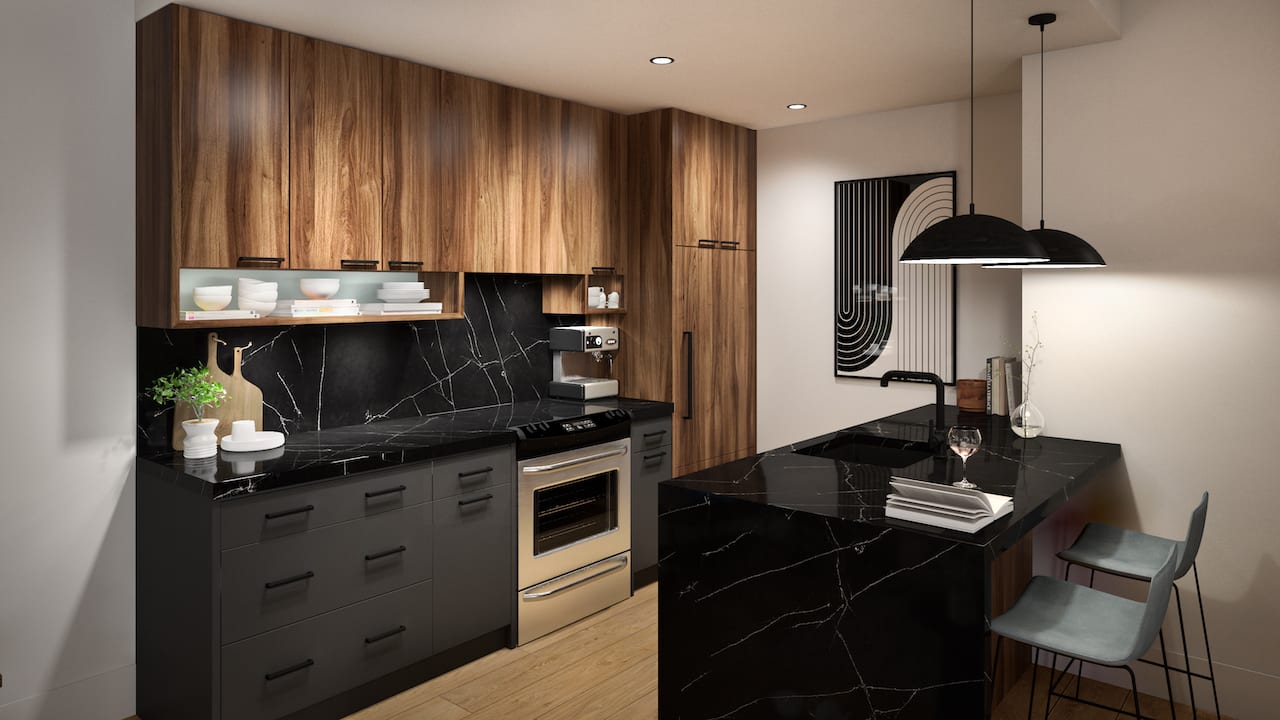 Rendering of Radio Arts Condos suite interior kitchen