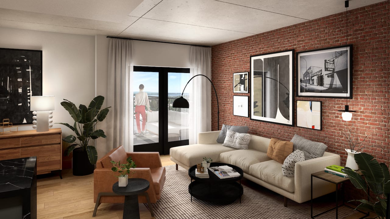 Rendering of Radio Arts Condos suite interior living room