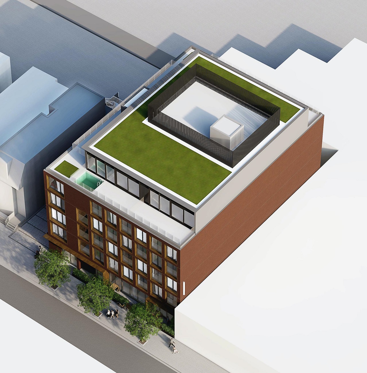 Exterior rendering of The Brickhouse on Gladstone Condos aerial close up of sideview.