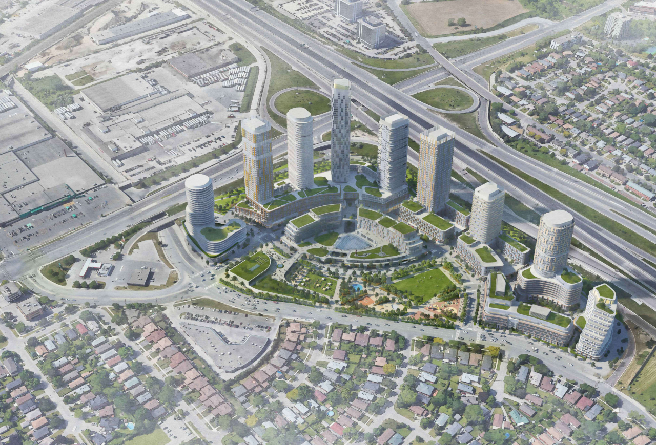 Aerial rendering of 250 The East Mall Condos at the Cloverdale Mall Redevelopment.