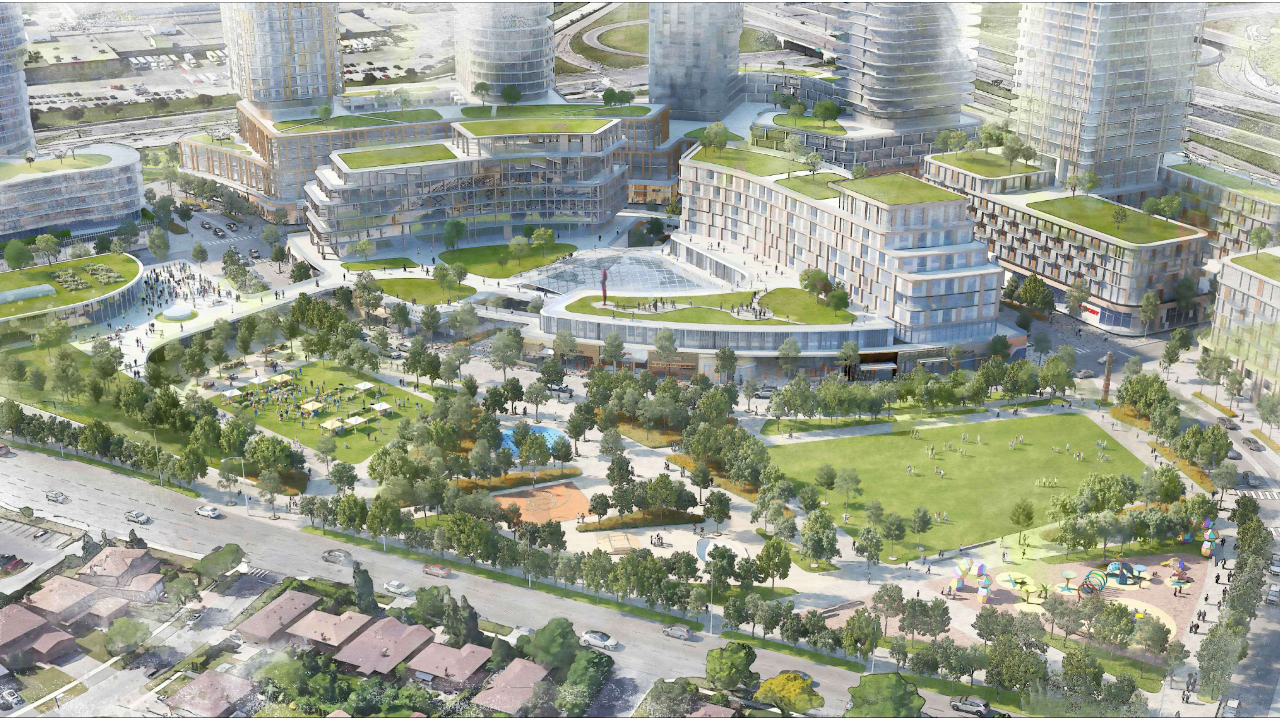 Rendering of 250 The East Mall Condos at the Cloverdale Mall Redevelopment looking southwest.