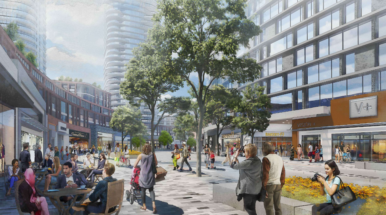 Rendering of 250 The East Mall Condos at the Cloverdale Mall Redevelopment Retail Main Street