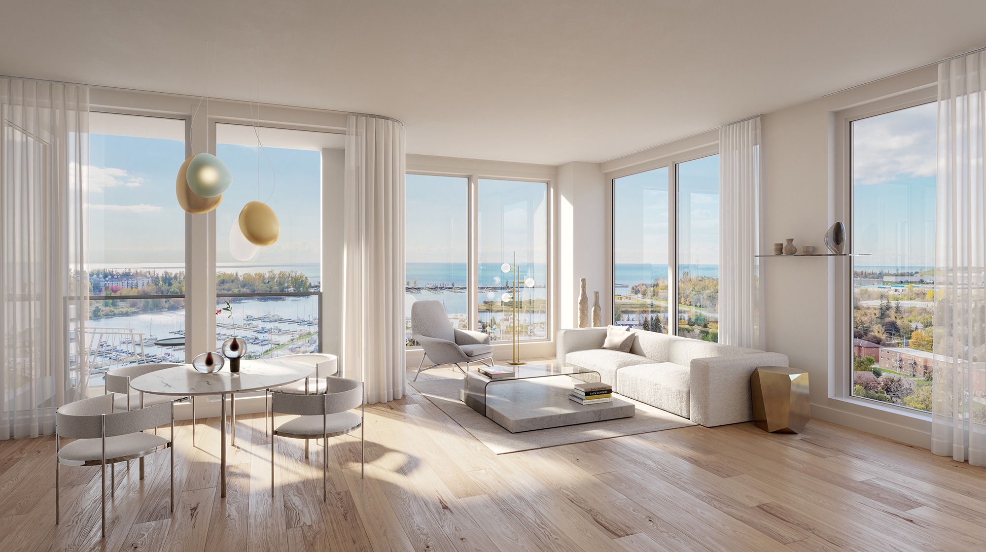 Rendering of Debut Waterfront Residences suite interior with waterfront views.