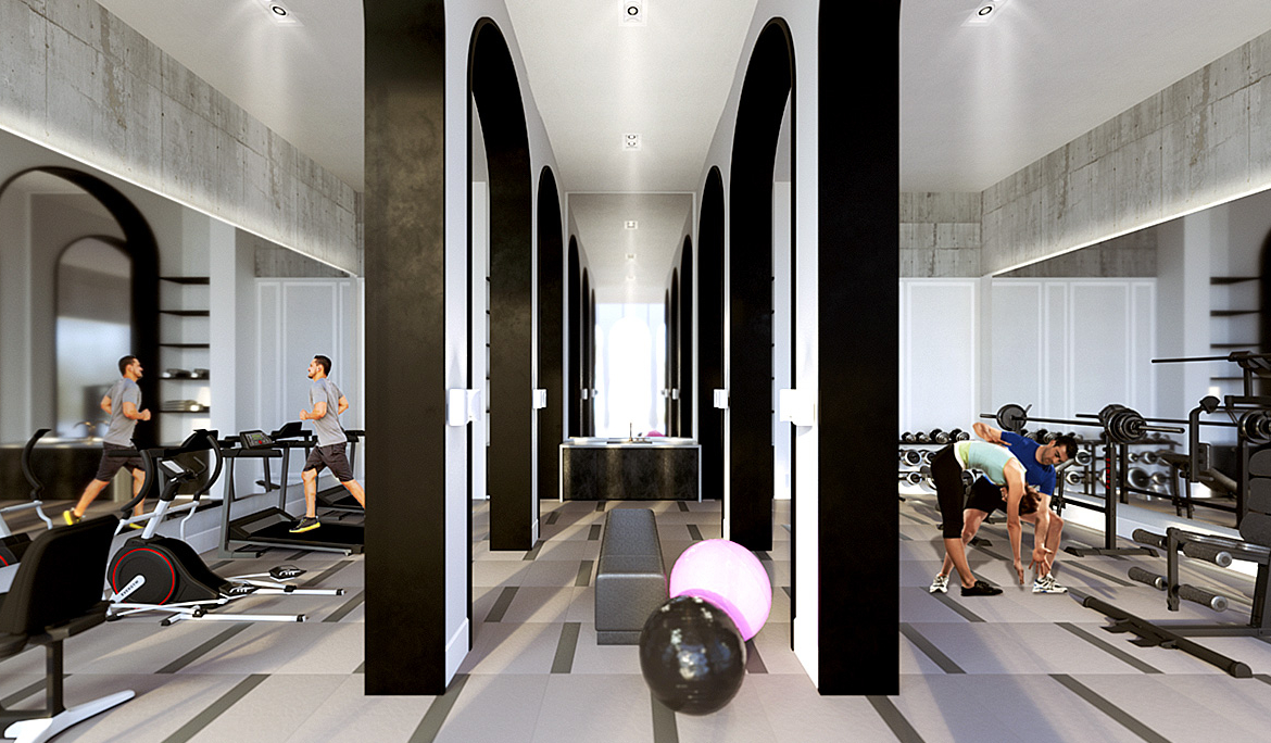 Interior amenity rendering of The Mill Landing condos gym.
