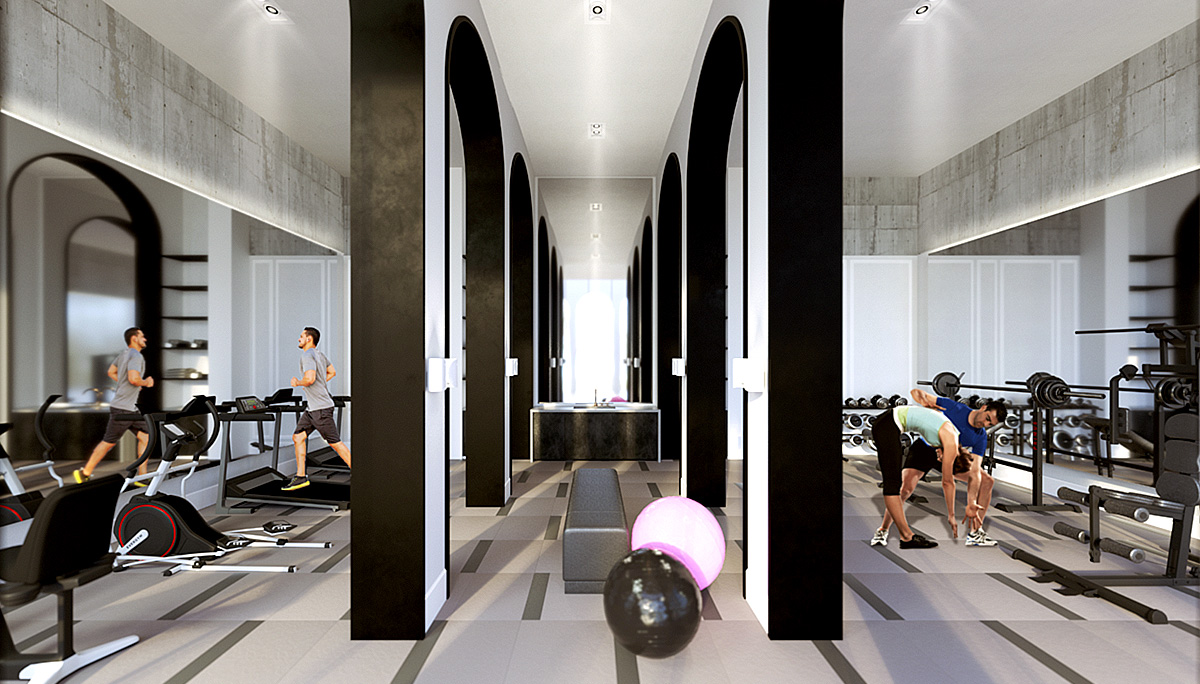 Interior amenity rendering of The Mill Landing condos gym.