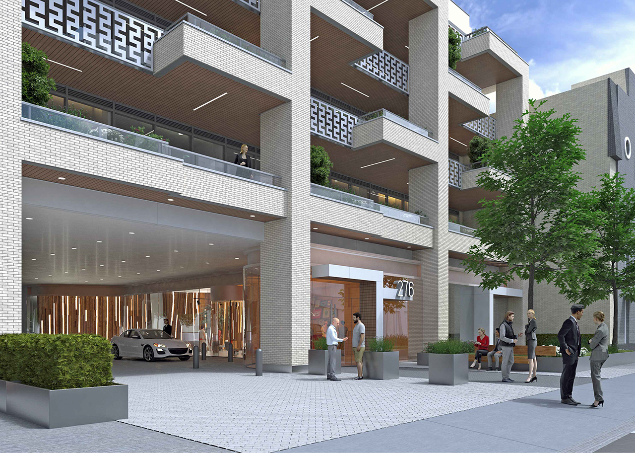 Exterior rendering of 276-290 Merton Condos building entrance at street-level.