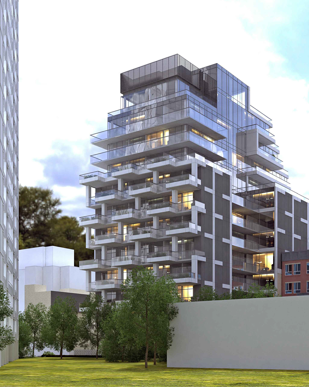 Exterior rendering of 276-290 Merton Condos building facing south-east.