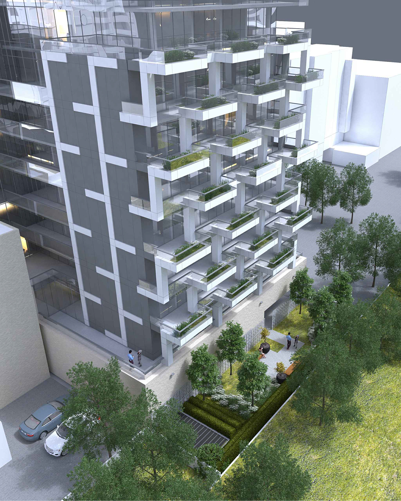 Exterior rendering of 276-290 Merton Condos building aerial.