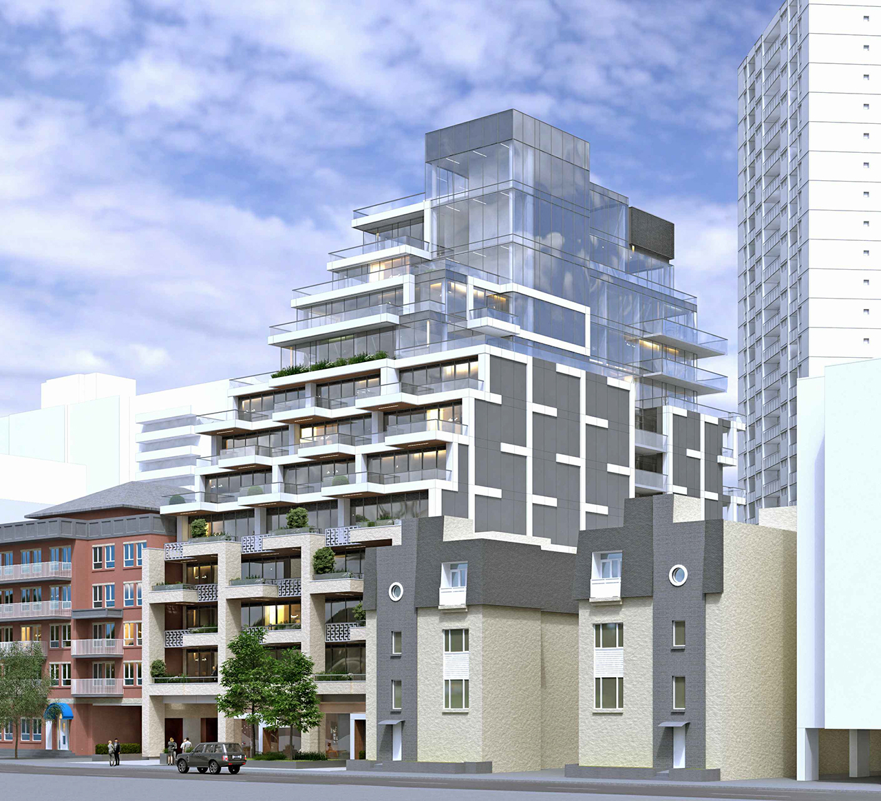 Exterior rendering of 276-290 Merton Condos building facing north-west.
