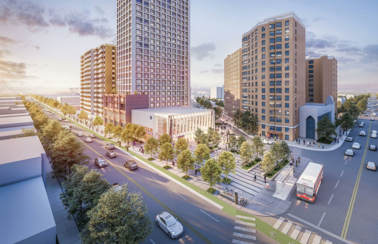 Exterior aerial rendering of 1801 Eglinton Avenue West Condos in York