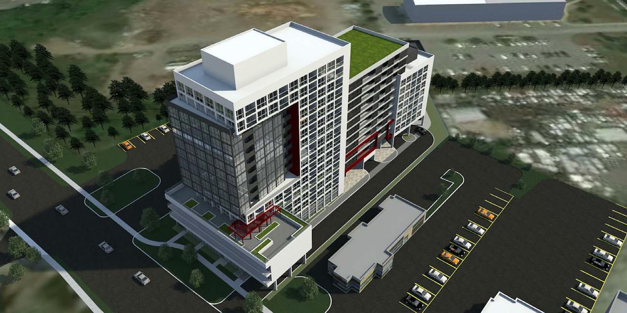 Aerial rendering of 2370 Finch West Condos exterior.