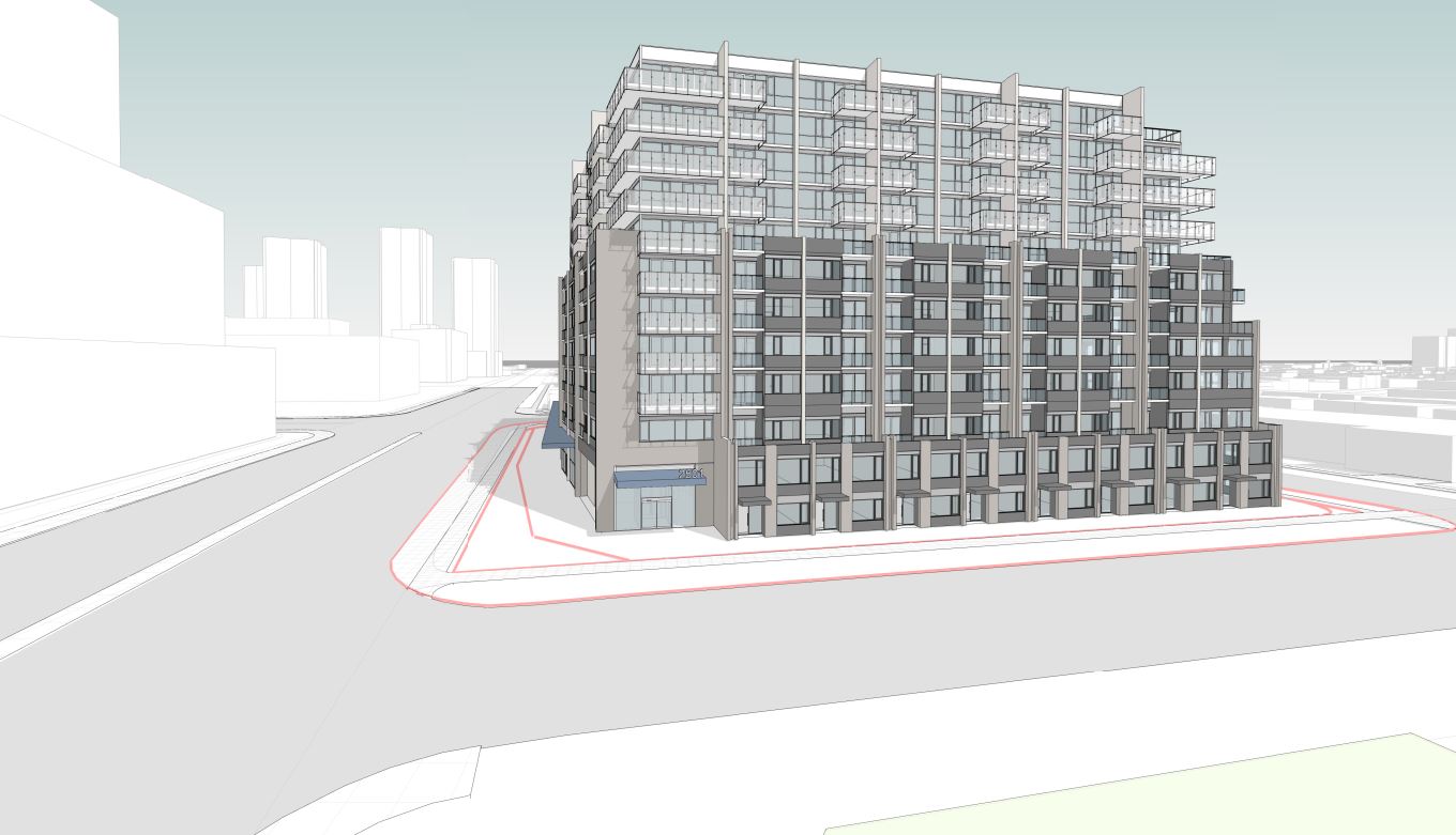 Rendering of 2499 Victoria Park Avenue Condos exterior corner view with streetscape.