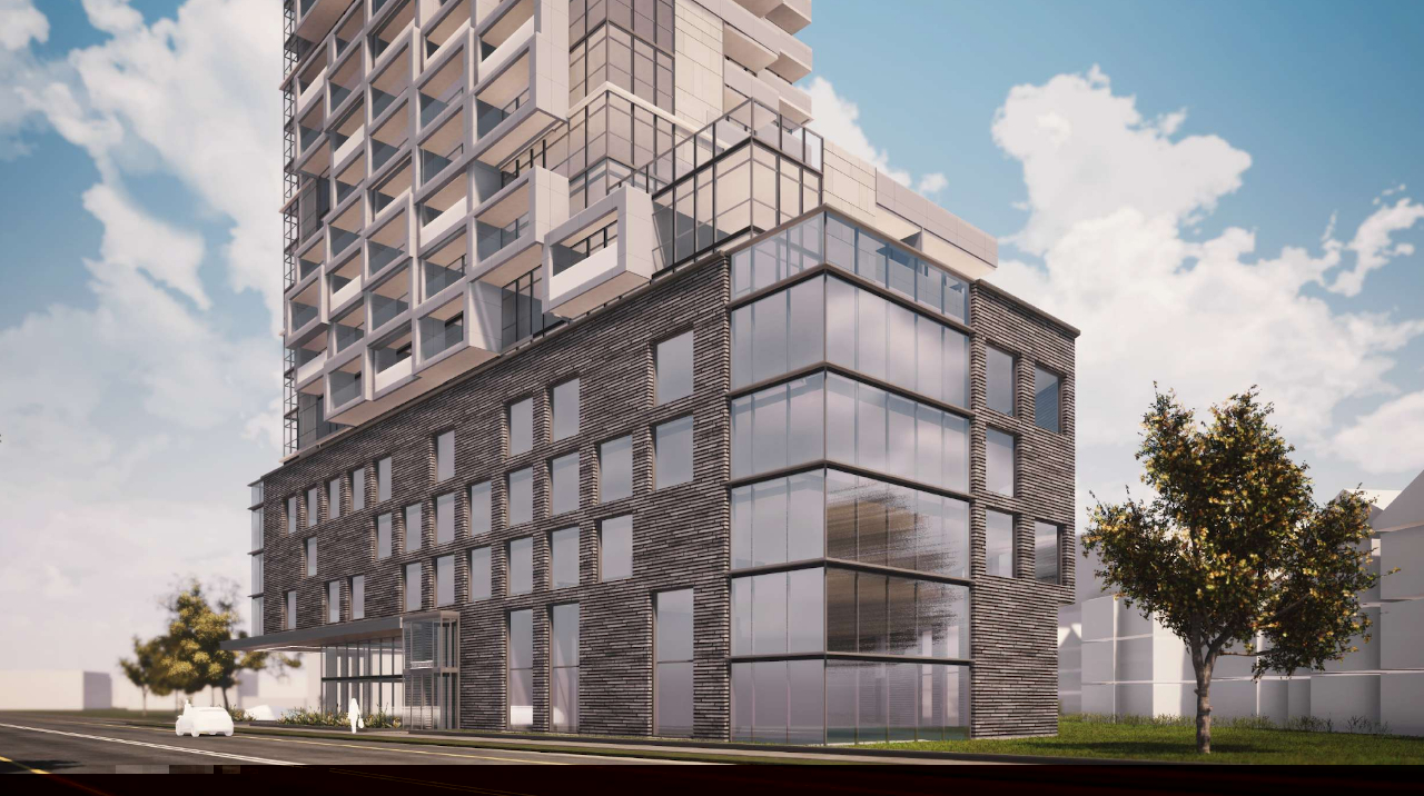 Exterior rendering of 290 Old Weston Road Condos podium with amenity and office space inside.
