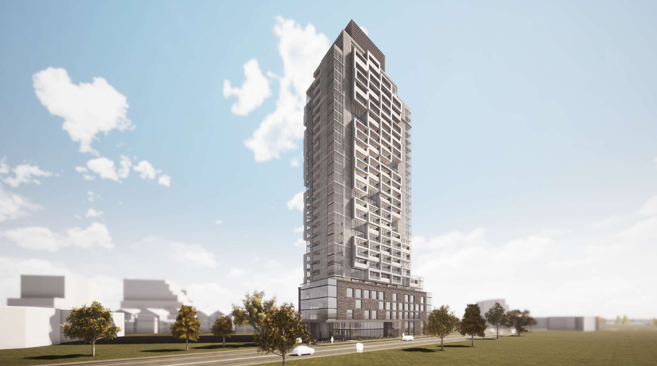 Exterior rendering of 290 Old Weston Road Condos side-view with streetscape.