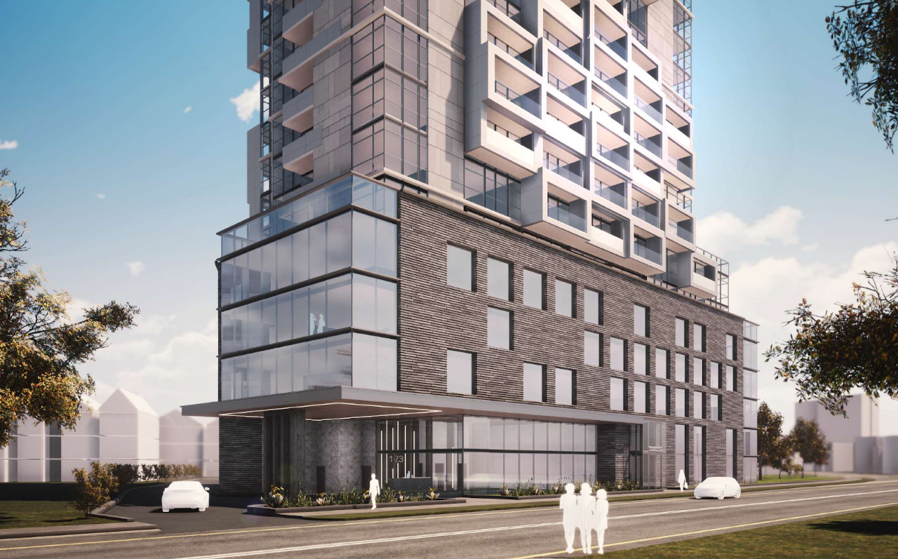 Exterior rendering of 290 Old Weston Road Condos podium with large windows.