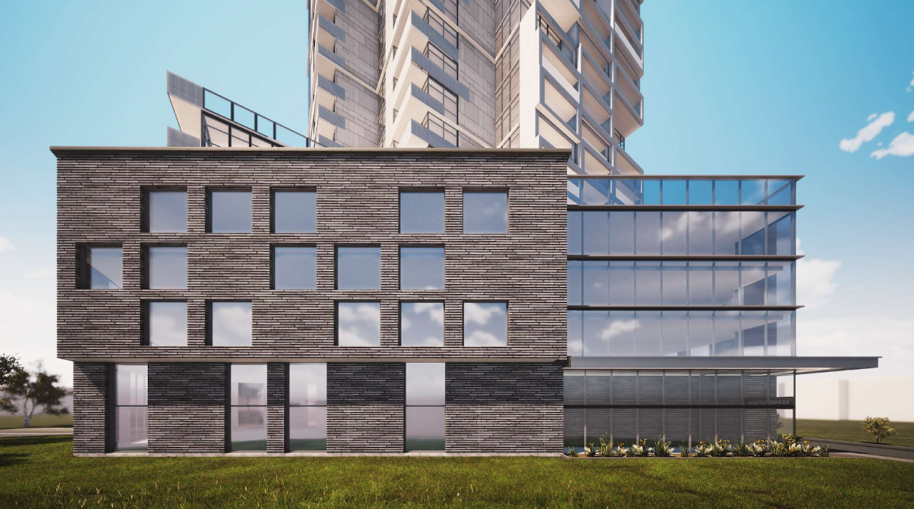 Exterior rendering of 290 Old Weston Road Condos podium side-view.