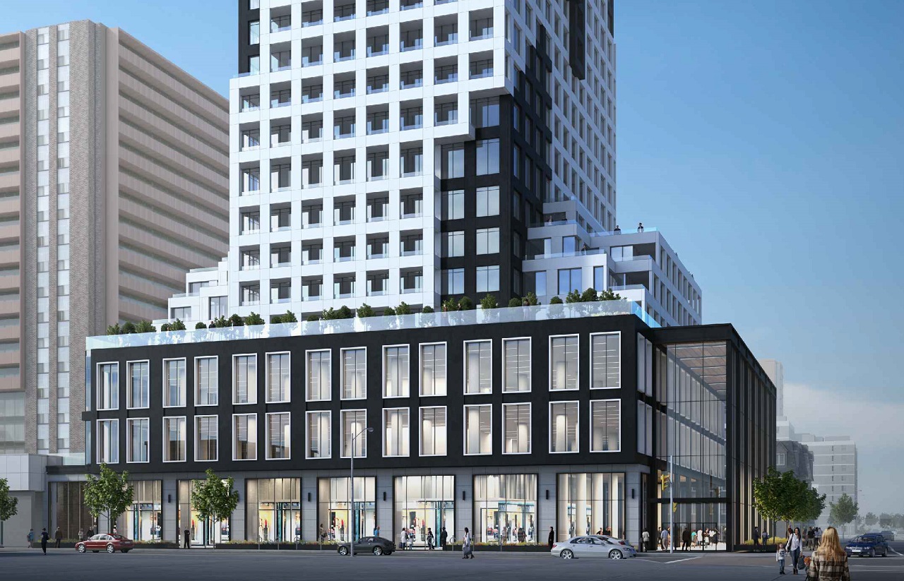 Exterior rendering of 334 Bloor Street West Condos lower half with streetscape.