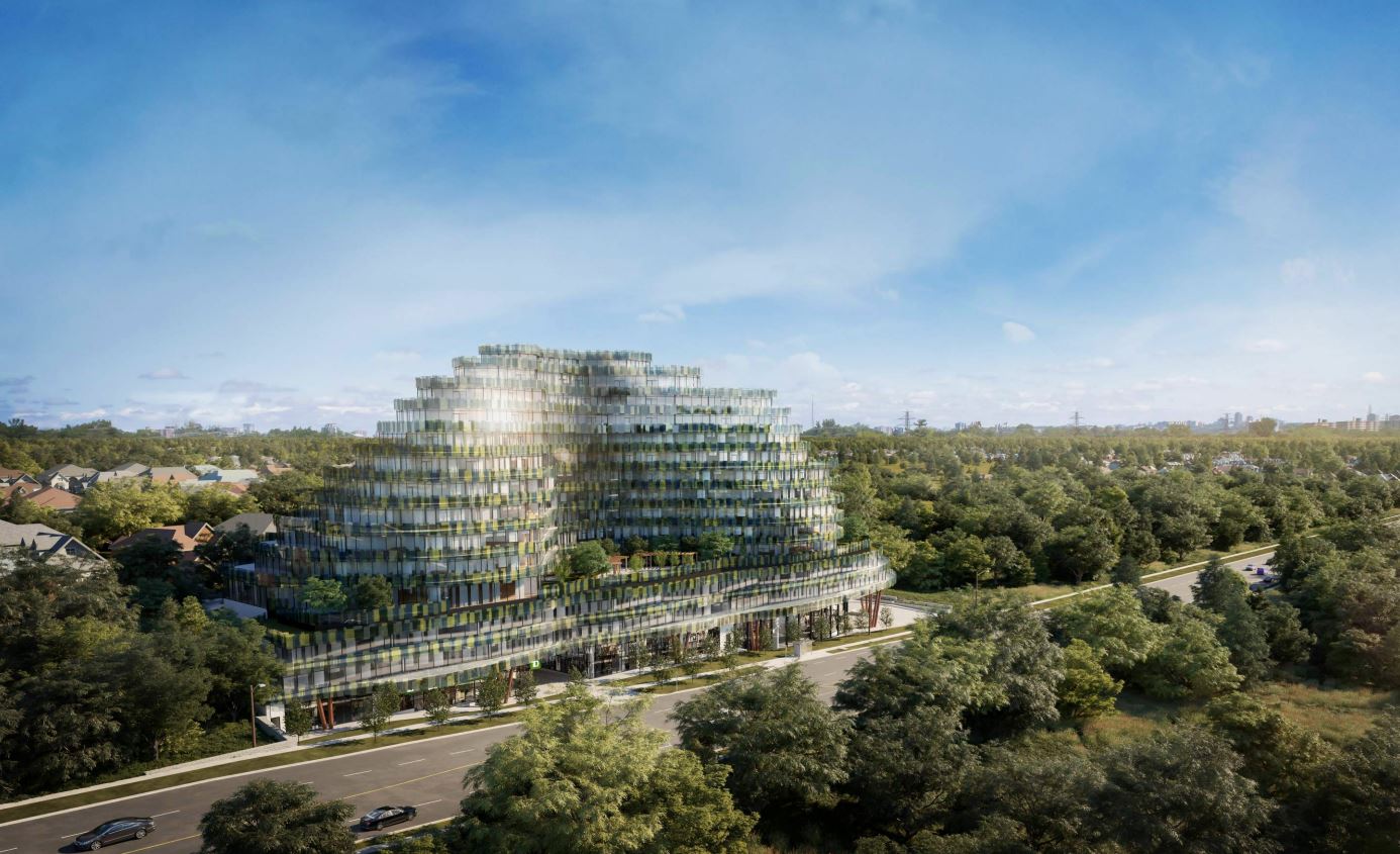 Aerial rendering of 630 Finch Avenue East Condos in Toronto.