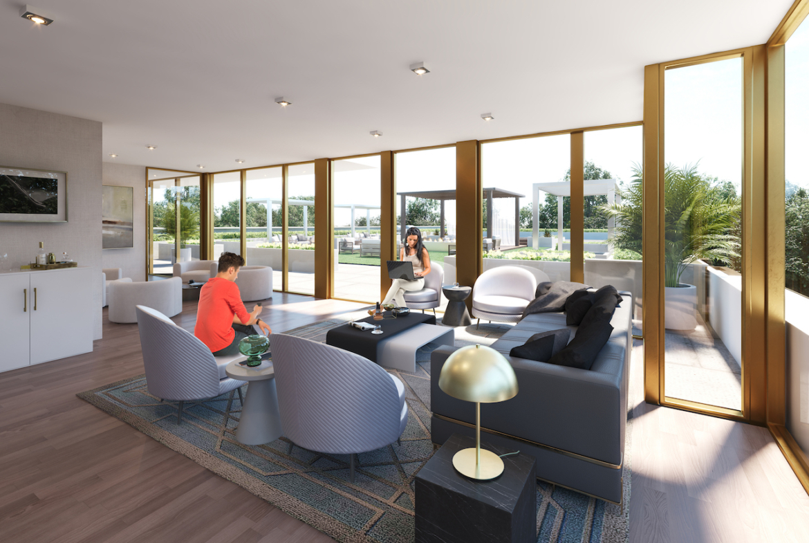 Rendering of NUVO Condos party room seating.