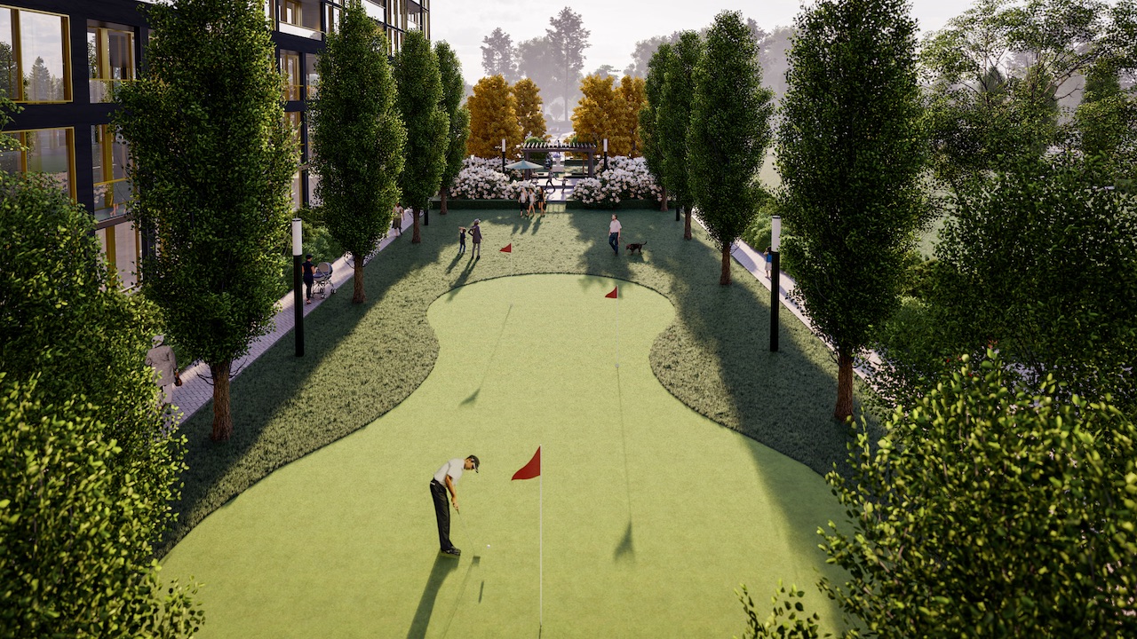 Rendering of NUVO Condos outdoor putting green.