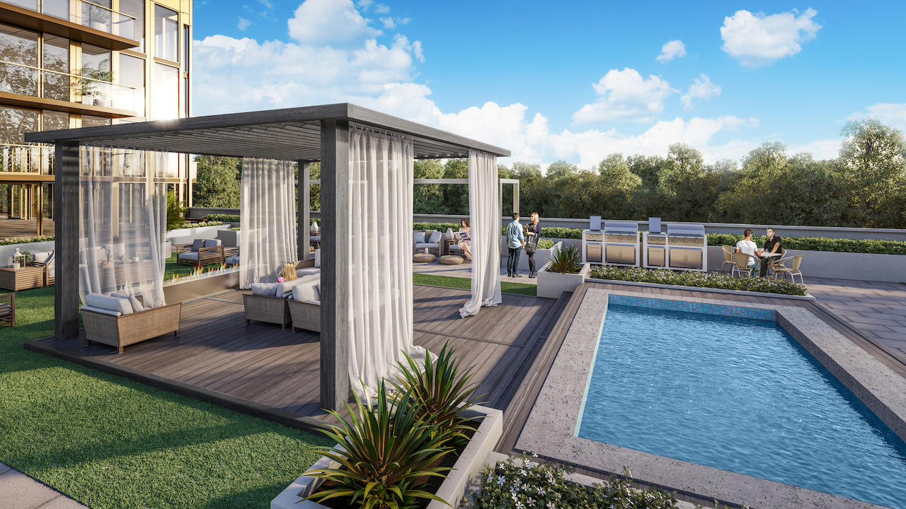 Rendering of NUVO Condos rooftop terrace with swimming pool.