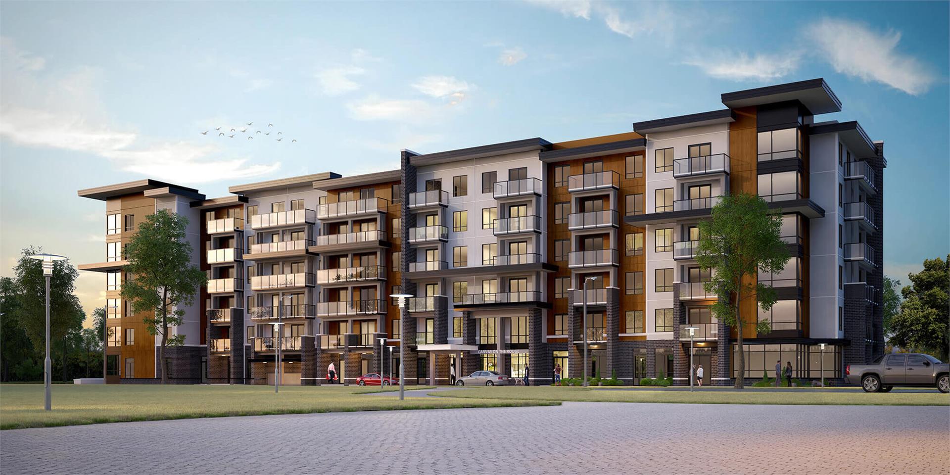 Rendering of Canvas on the Rouge Condos exterior with driveway.