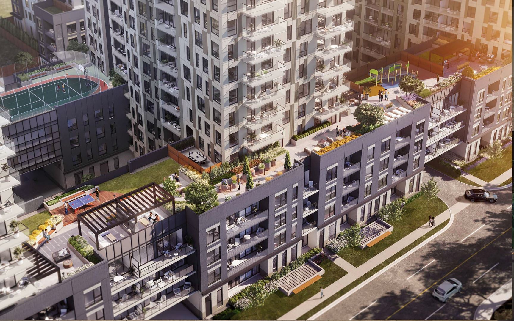 Rendering of Elevate Condos aerial of outdoor terrace area.