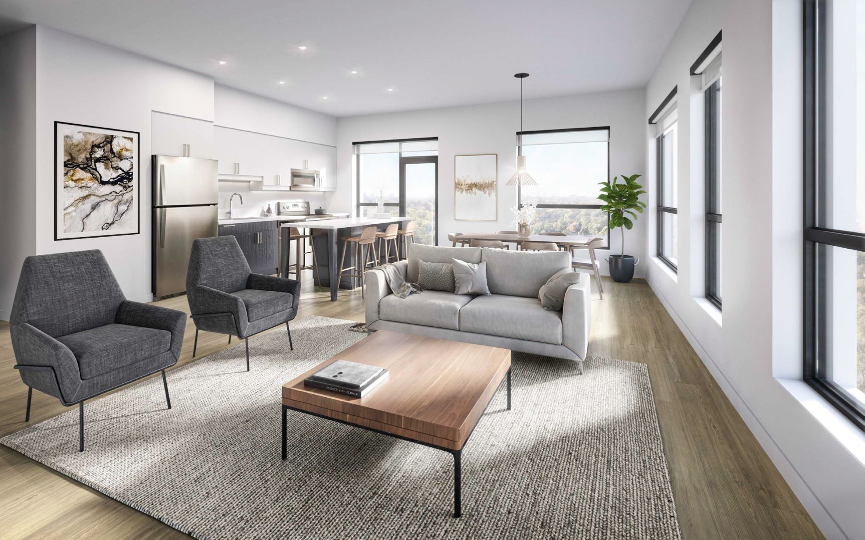 Rendering of Elevate Condos suite interior living room.