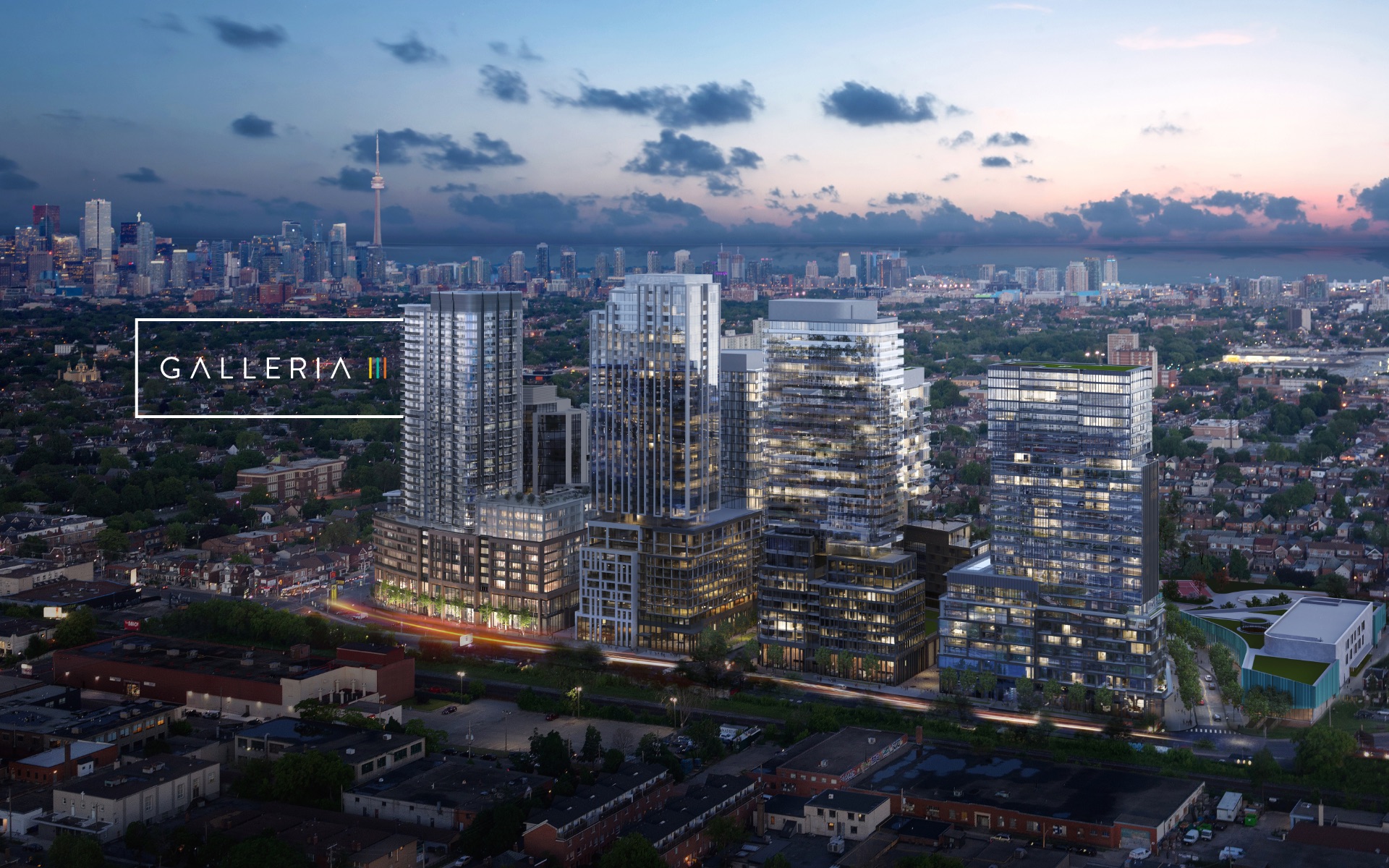 Night time community rendering of Galleria on the Park with phase 3 Galleria 03 Condos included.
