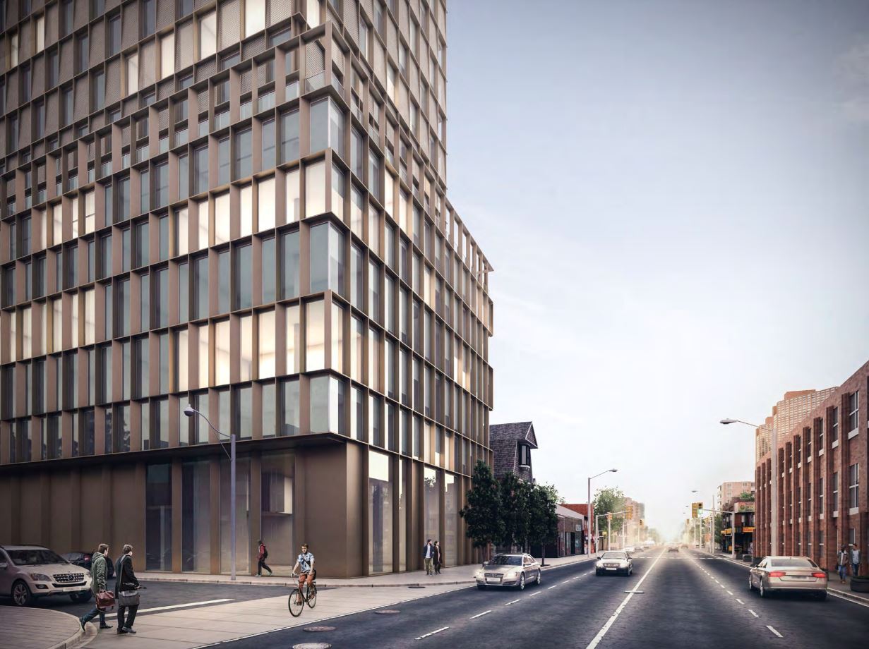Exterior rendering of 1405 Bloor Street West Condos side with street-view.