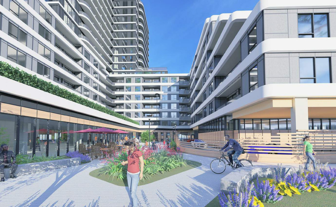 Rendering of 2993 Sheppard East Condos courtyard with seating.
