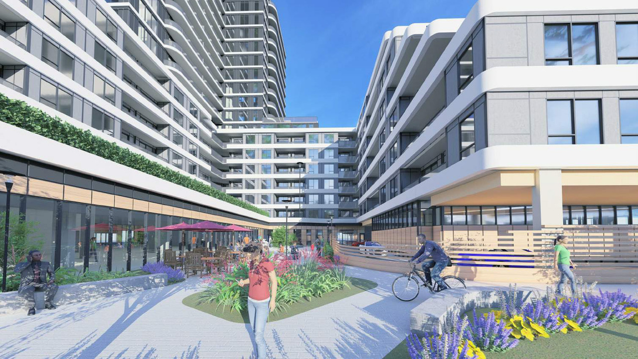 Rendering of 2993 Sheppard East Condos courtyard with seating.
