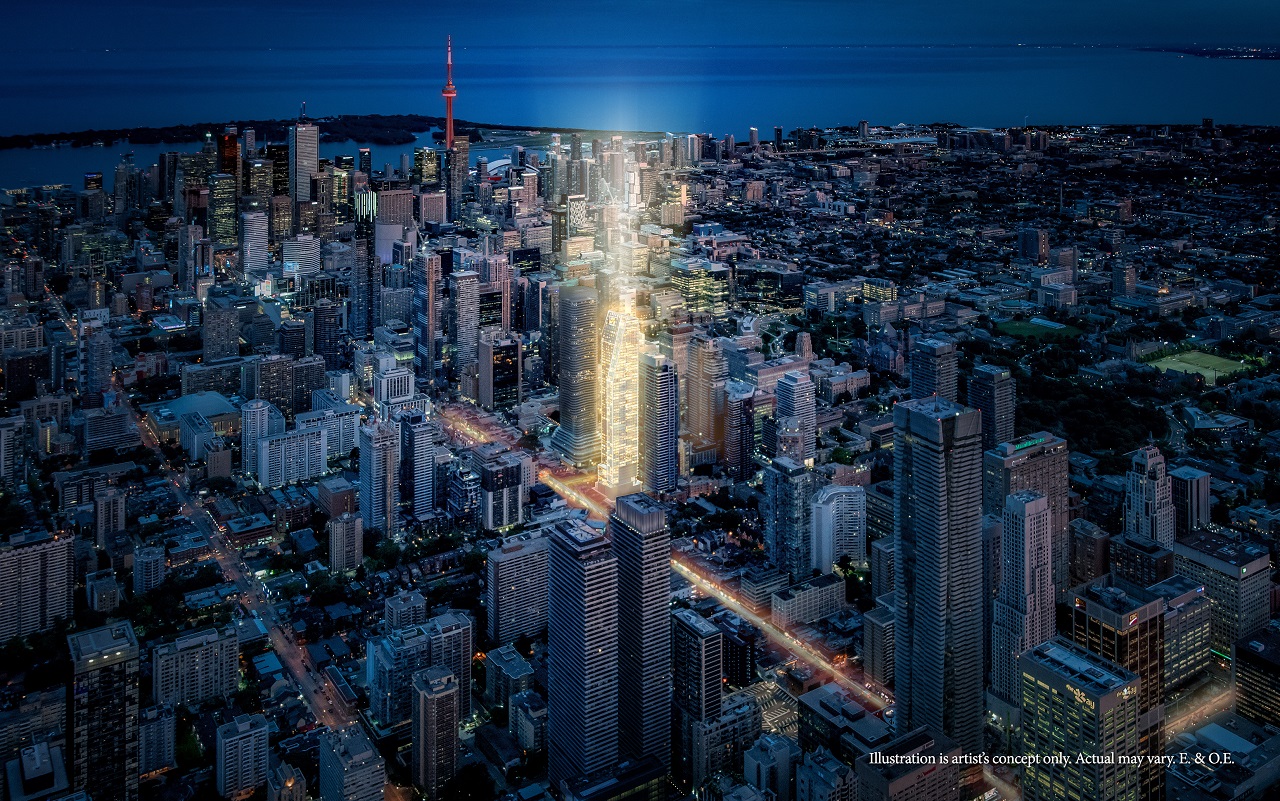 Aerial rendering of 8 Wellesley Residences in Toronto