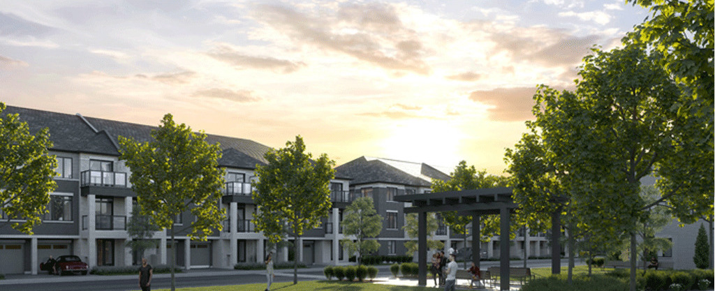 Rendering of Cachet Parq Towns view of homes at dusk from the park.