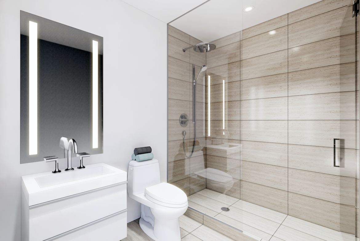 Rendering of Grand Bell Condos suite bathroom.