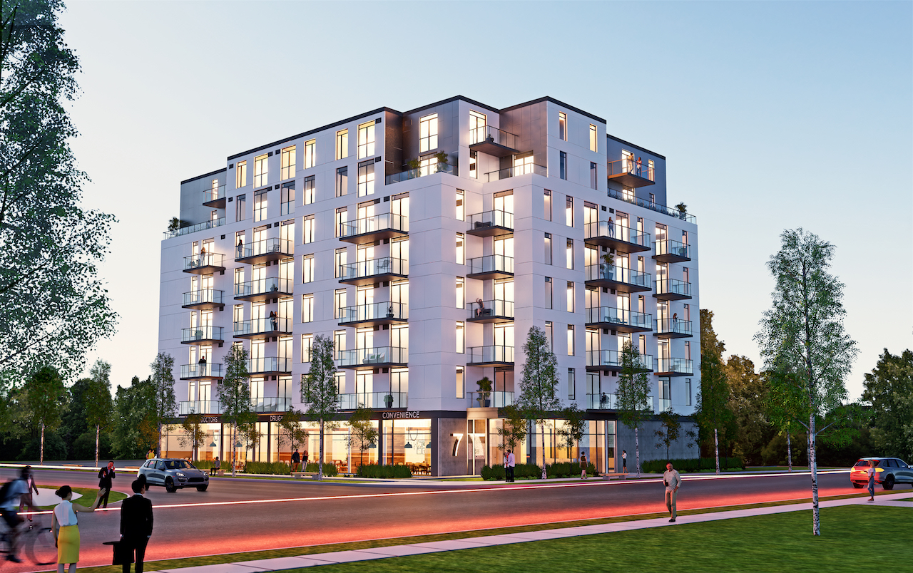 Rendering of Grand Bell Condos exterior.