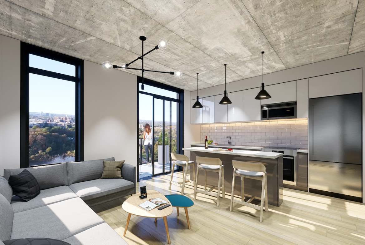 Rendering of Grand Bell Condos suite interior open-concept.