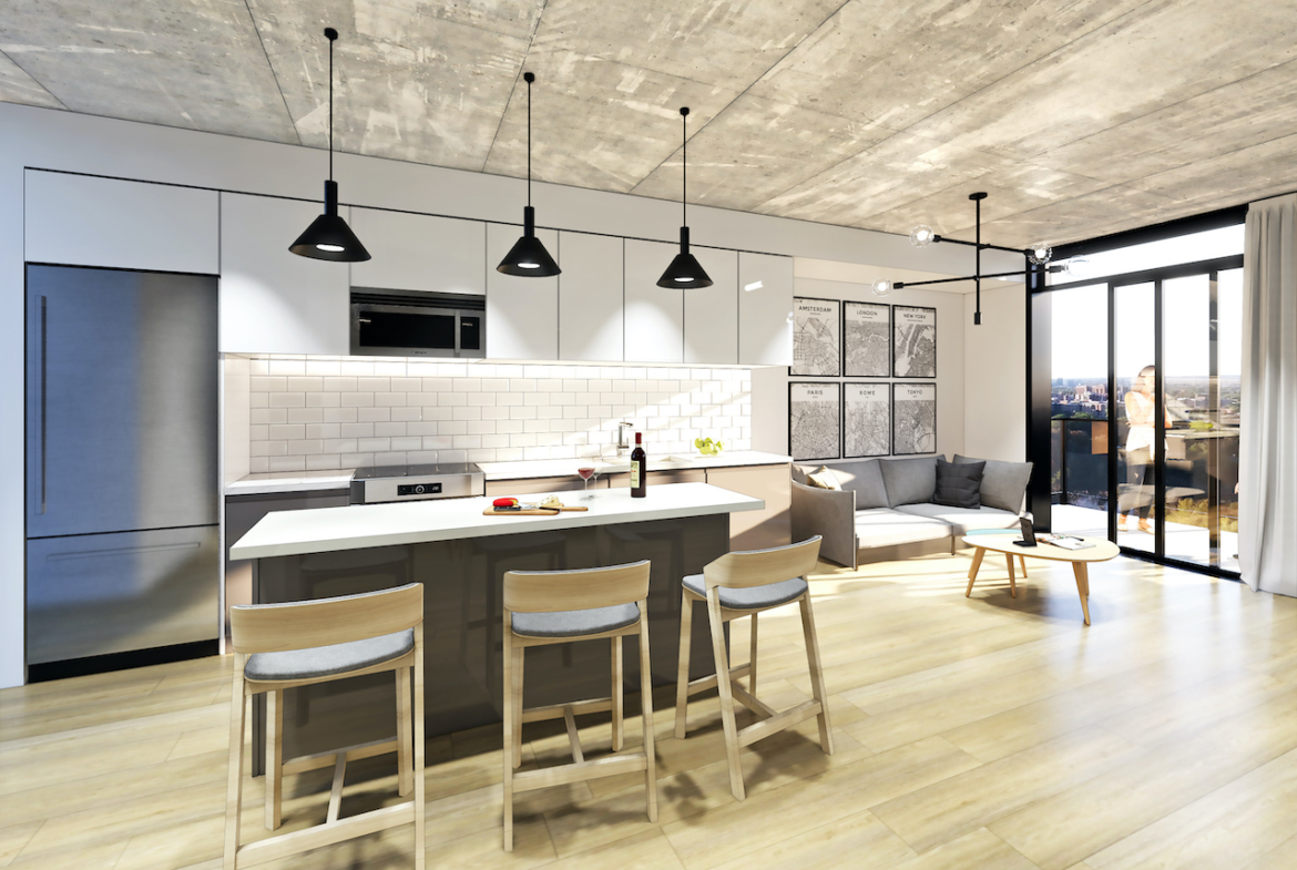 Rendering of Grand Bell Condos suite interior kitchen.