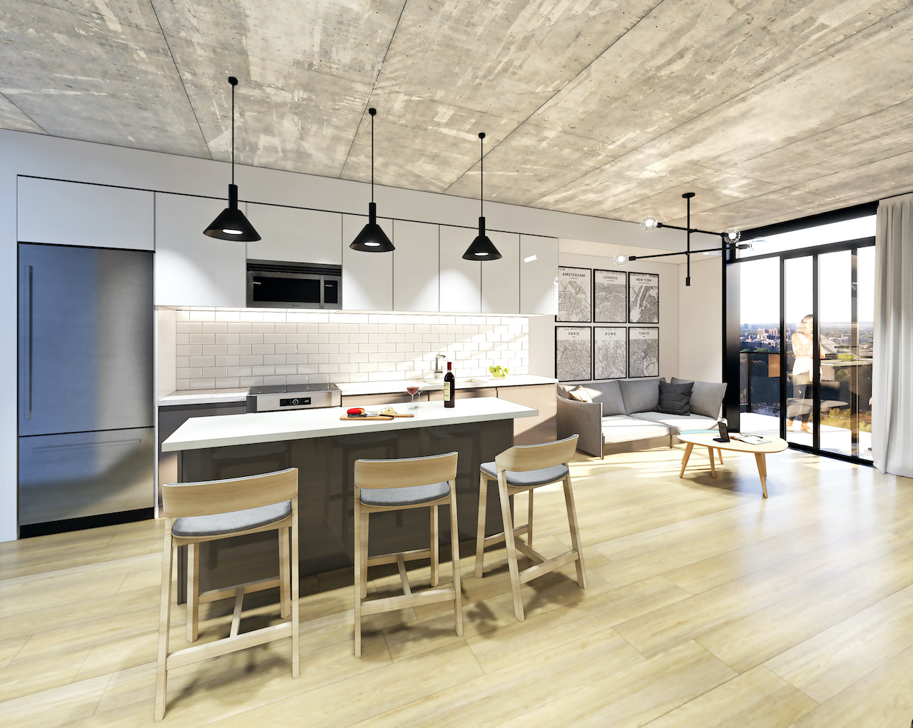 Rendering of Grand Bell Condos suite interior kitchen.
