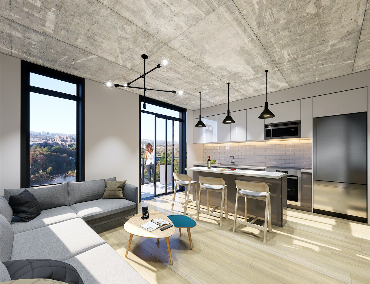 Rendering of Grand Bell Condos suite interior open-concept.
