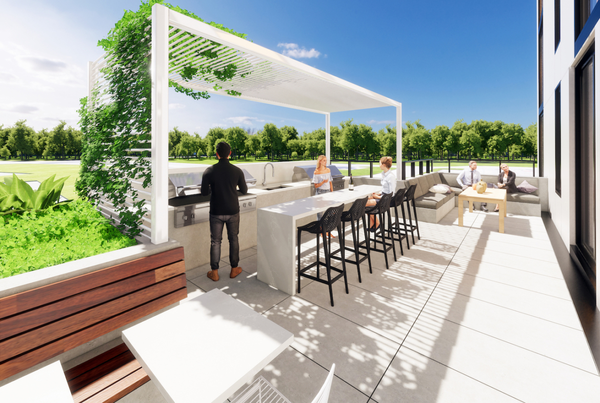 Rendering of Grand Bell Condos terrace.