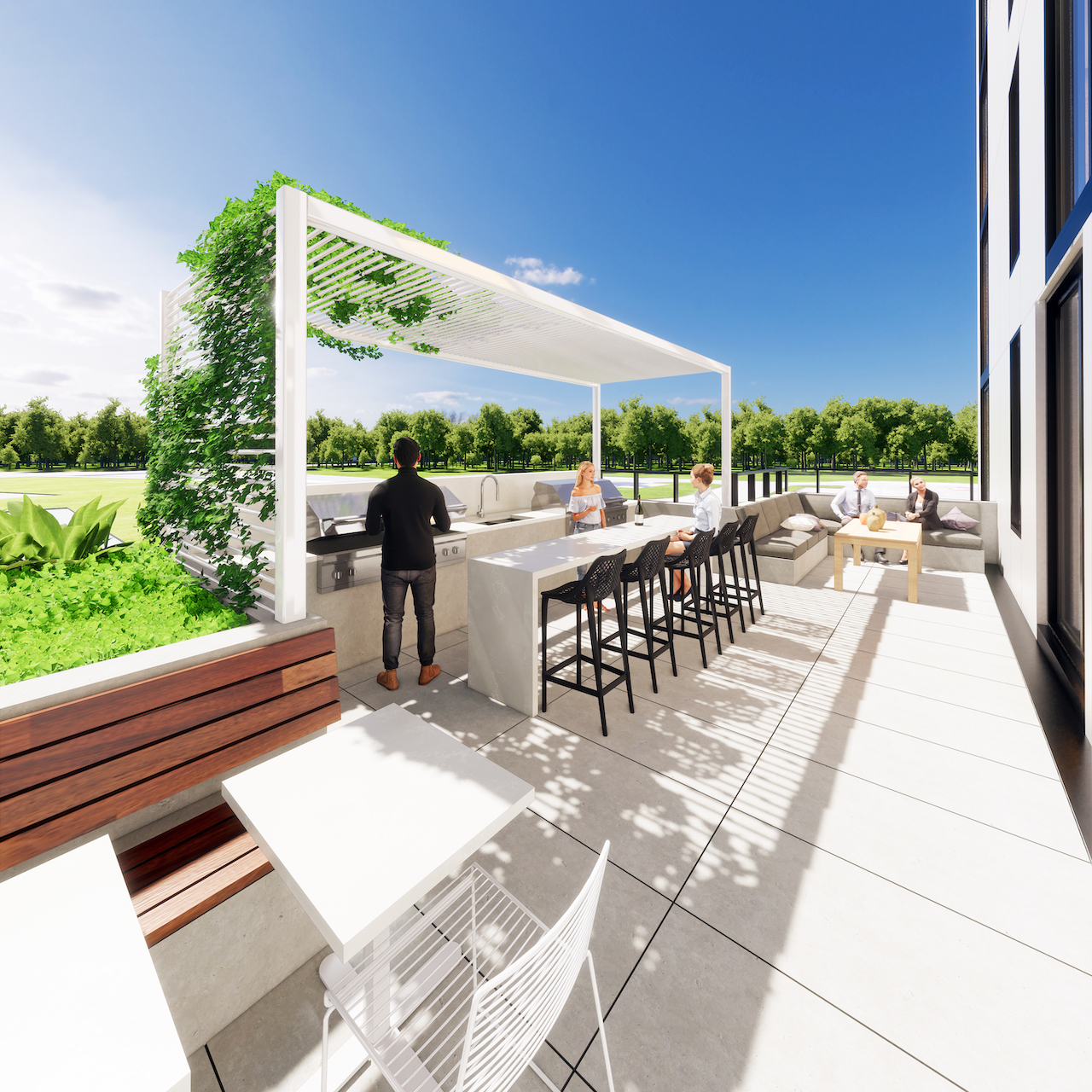 Rendering of Grand Bell Condos terrace.