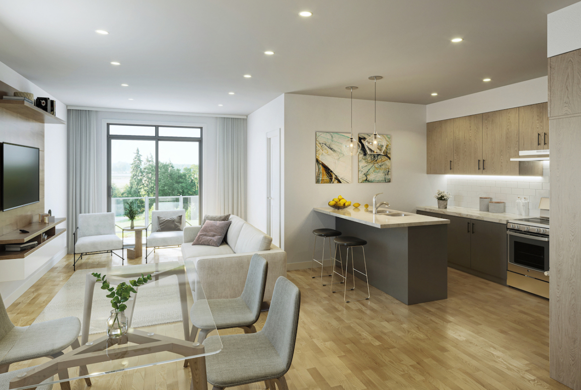 Rendering of Cachet ParQ Towns living with den interior.