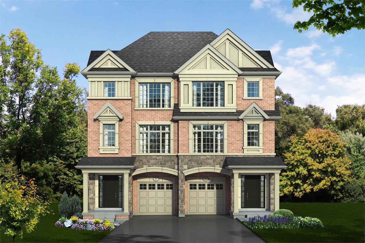 Exterior rendering of Hilltop Semi-detached home at Old Harwood in Ajax.