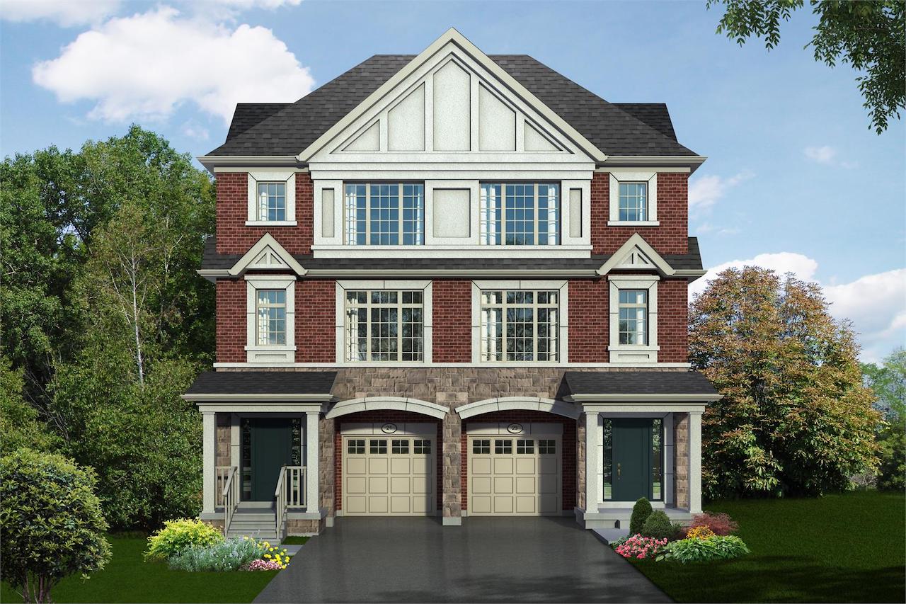 Exterior rendering of Hilltop Semi-detached home at Old Harwood in Ajax front-view.