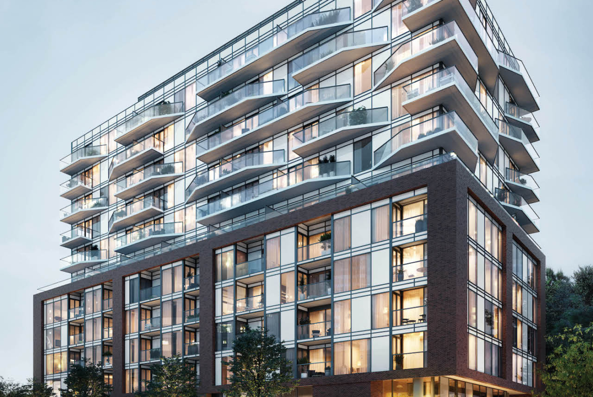 Rendering of Perch Condos exterior at dusk