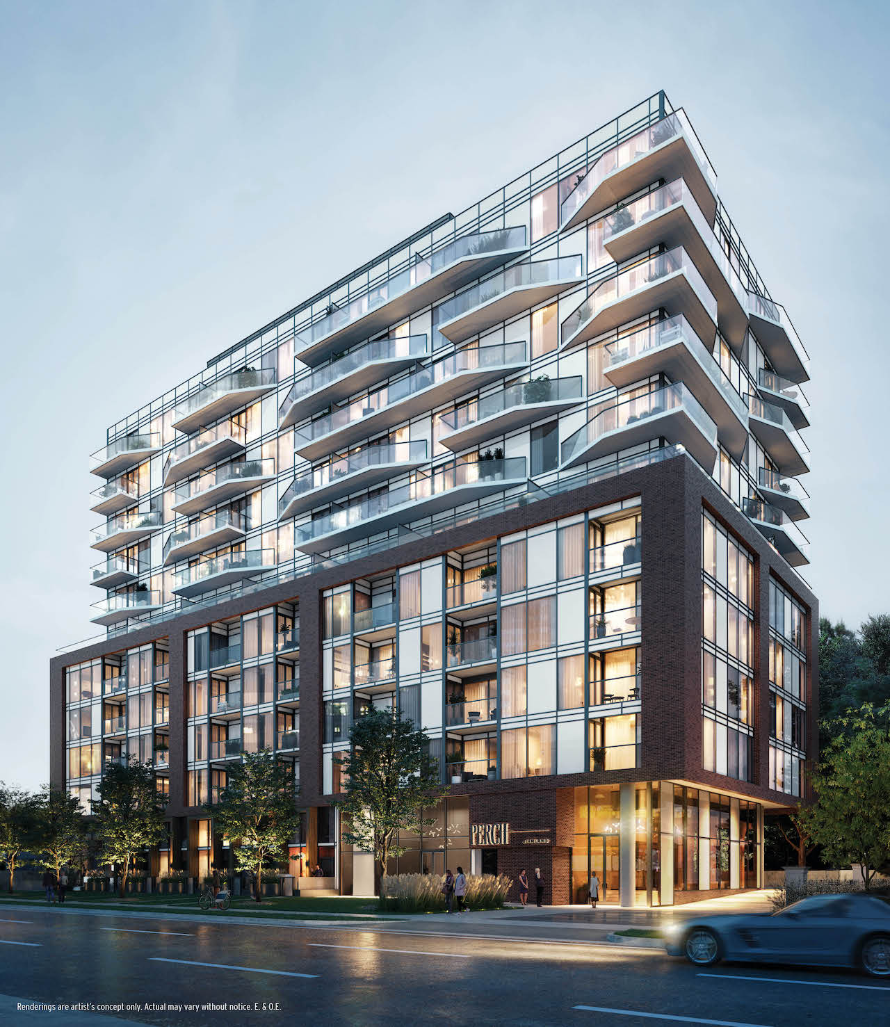 Rendering of Perch Condos exterior at dusk